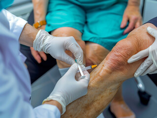 Patient bekommt Spritze vom Arzt in die Knie, Hyaluronsäure, KI generiert - obrazy, fototapety, plakaty