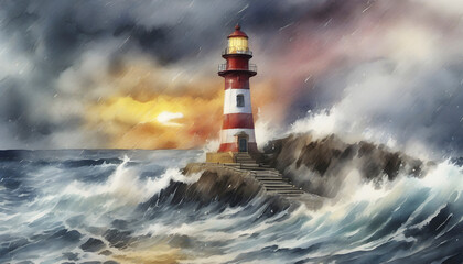 Fototapeta na wymiar Watercolor painting of a lighthouse in the middle of the ocean.