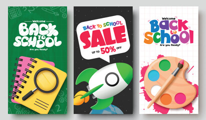 Back to school greeting vector poster set design. Welcome back to school greeting, invitation and sale lay out collection for flyers and tags educational collection. Vector illustration school 