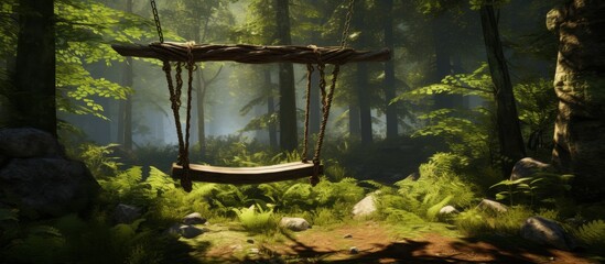 A lone swing hanging in the midst of a serene forest surrounded by scattered rocks and towering trees.