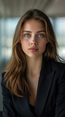 Fototapeta premium Contemplative Young Woman with Blue Eyes in a Black Blazer at Modern Glass Building