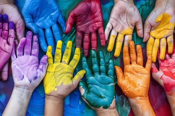 Children's hands painted in bright colors on a multicolored background. Ai generated. - obrazy, fototapety, plakaty