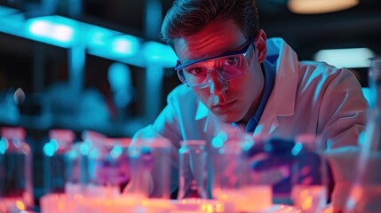 guy in laboratory glasses are engaged in scientific activities, experimenting with different liquids in test tubes