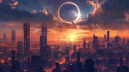 Futuristic landscape of solar eclipse over the city, Solar Eclipse 2024, April 8 - obrazy, fototapety, plakaty