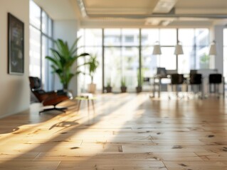 A blurred photo of a modern bright office space with fancy stylish interior