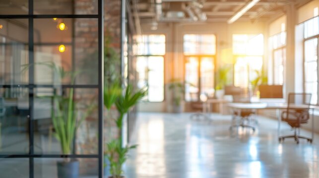 A blurred photo of a modern bright office space with fancy stylish interior
