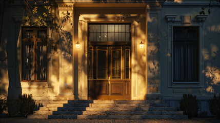 Fototapeta na wymiar Golden Evening Light on Elegant Entrance