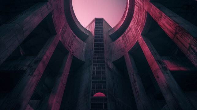 Futuristic Brutalist Architecture with Crimson Hue