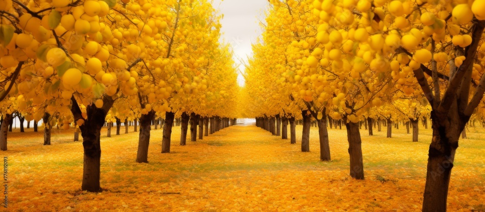 Aufkleber several trees in a wide open field are adorned with vibrant yellow leaves signaling the arrival of a