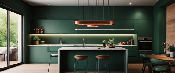 Cozy modern kitchen room interior design with dark green wall