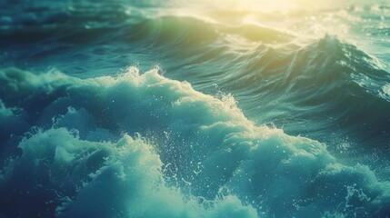 Fototapeta na wymiar Close up photo of giant waves in the middle of the ocean with bright sunlight breaking through, turquoise color of water