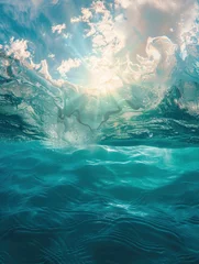 Türaufkleber Close up underwater photo of giant waves in the middle of the ocean with bright sunlight breaking through them, turquoise color of water © shooreeq