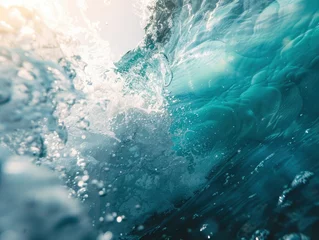 Poster Close up underwater photo of giant waves in the middle of the ocean with bright sunlight breaking through them, turquoise color of water © shooreeq
