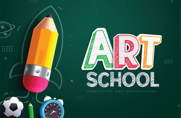 Art school text vector template design. Back to school greeting paper cut text with pencil arts elements in green chalkboard background. Vector illustration school greeting template. 
