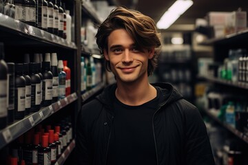 A man is smiling in a store aisle with many bottles on the shelves