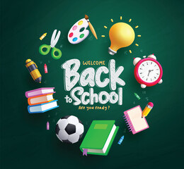 Back to school text vector design. Welcome back to school greeting in chalk board with alarm clock, notebook, book, pen and water color educational elements in green background. 
