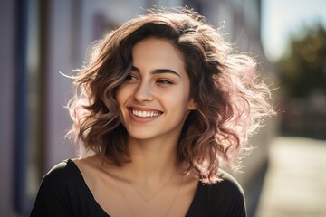 Fototapeta premium A woman with pink hair is smiling and wearing a black shirt