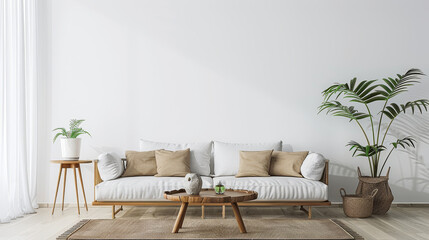 A contemporary living room featuring a comfortable couch, a sleek table, and several potted plants adding a touch of greenery - obrazy, fototapety, plakaty
