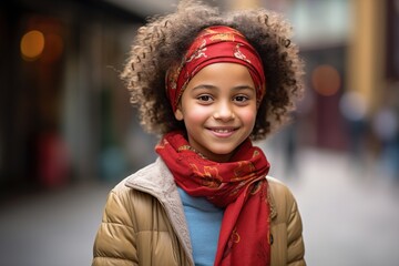 A young girl wearing a red scarf and a headband is smiling