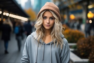 Fototapeta premium A blonde woman wearing a brown hat