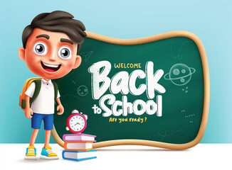 School boy character vector template design. Welcome back to school greeting text in green board space with standing happy little boy wearing backpack design. Vector illustration school boy template. 