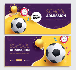 Back to school invitation vector set banner design. School admission flyers with soccer ball, clock and bulb educational elements for promotion enrollment tags collection lay out. Vector illustration 