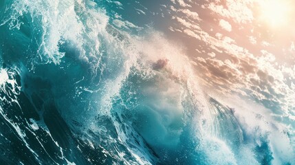 Giant ocean waves with bright sunlight breaking through, turquoise color of water, professional nature photo  - obrazy, fototapety, plakaty