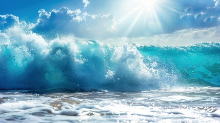 Giant ocean waves with bright sunlight breaking through, turquoise color of water, professional nature photo - obrazy, fototapety, plakaty