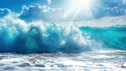  Giant ocean waves with bright sunlight breaking through, turquoise color of water, professional nature photo © shooreeq