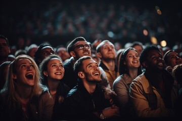 A crowd of people are watching a show, with some of them smiling and laughing - obrazy, fototapety, plakaty