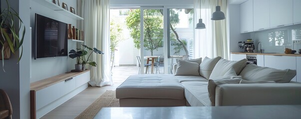 Modern apartment bright interior minimalistic scandinavian design, professional photo