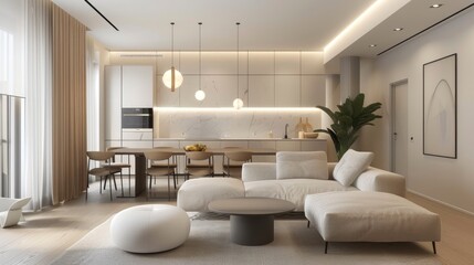 Fototapeta na wymiar Modern apartment interior design, living room with sofa and chairs, minimalistic design, pastel colors, panorama, professional photo