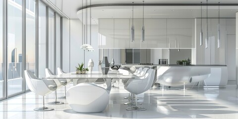 Modern living apartment interior design, dining room with table and chairs, futuristic design, panorama, 3d render 