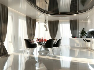 Naklejka premium Modern living apartment interior design, dining room with table and chairs, futuristic design, panorama, 3d render 
