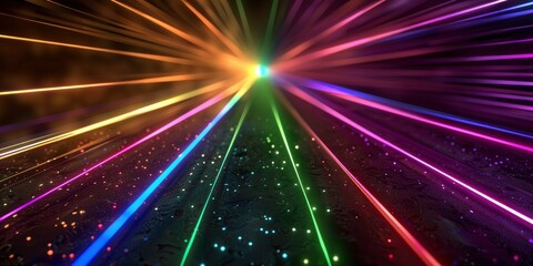 Stunning 3d render of abstract multicolor spectral lines of light in perspective, dark background