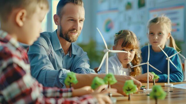 Ecological Education: Renewable Energy Specialist Conducting Workshops for Children on Sustainable Development with Wind Turbines and Solar Panels