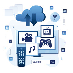 Streaming media service web banner or poster. Online platforms subscription. Smart TV screen with media content - educational, entertainment and news.