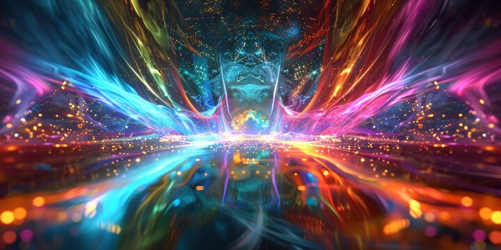 Stunning 3d render of abstract multicolor spectral lines of light in multiverse space, dark background