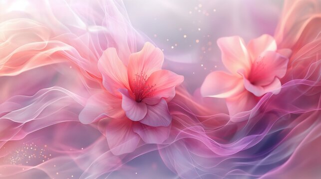 Soft pink flowers flowing on a pink wave, Gentle calming and soothing dreamy pink flowers and a soothing wavy background, AI generated