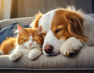 ソファで眠る仲良しの子犬と子猫 Generative AI	
