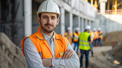 A engineer wearing a hard hat at construction