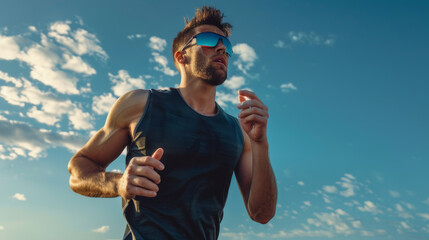 A man running in the sun with a blue shirt and sunglasses