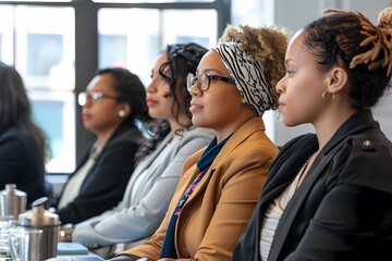 Obraz premium Group of african american businesswomen sitting in conference room, looking away. Ai generated.