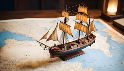 Old sailing ship model on world map , exploration and explorer concept image - obrazy, fototapety, plakaty