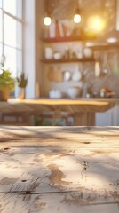 Table countertop with blurred modern light kitchen background, product display concept