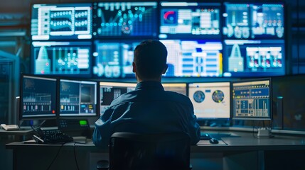 Data Monitoring and Analysis: Specialist Analyzing Performance of Solar Installations on Computer