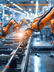 The latest high-precision robotic arms on a fully automated assembly line in a modern auto manufacturing plant