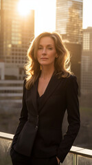 Fototapeta premium Reflective Middle-aged Businesswoman in Black Suit Against City Sunset