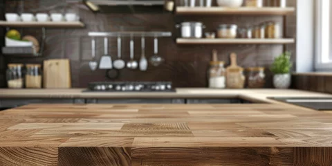 Foto op Plexiglas Wooden countertop on blurred modern kitchen background, template for demonstration, product display concept © shooreeq