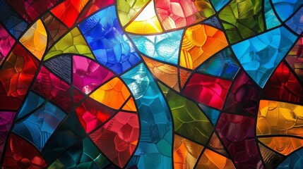 Abstract stained glass, intricate patterns in bold, vivid colors, radiant and clear